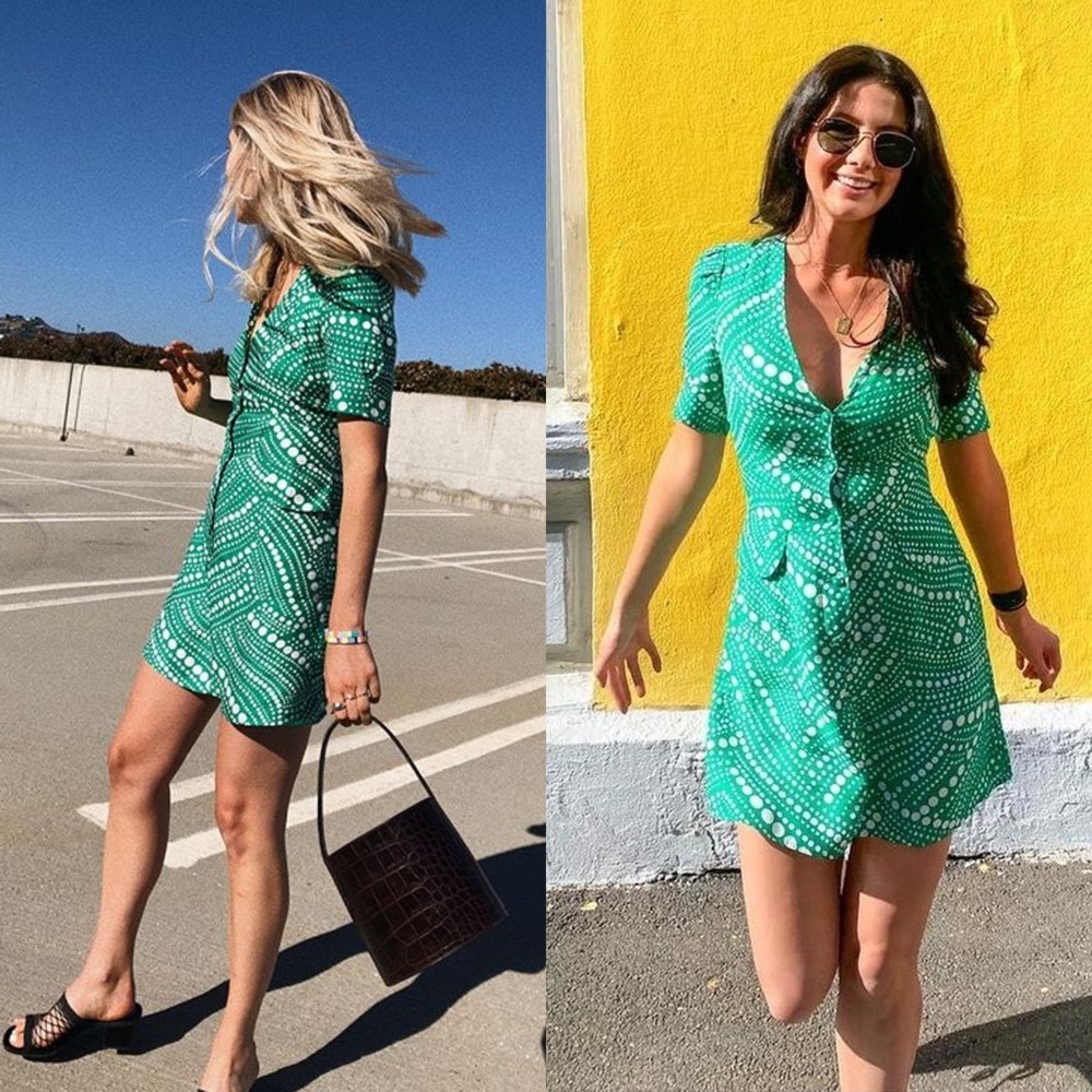 RIXO‎ 70s Abstract Dot Print Puff Short Sleeve Button Front V-Neck Shirt Dress S